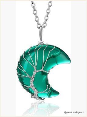 Tree of Life Crescent Moon Birthstone Pendant Necklace 22 Inch Stainless Steel